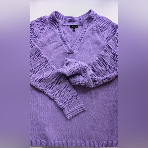 Talbots Women’s Knit Sweater with Crochet Sleeves Lilac Size Medium V-Neck - Picture 6 of 6